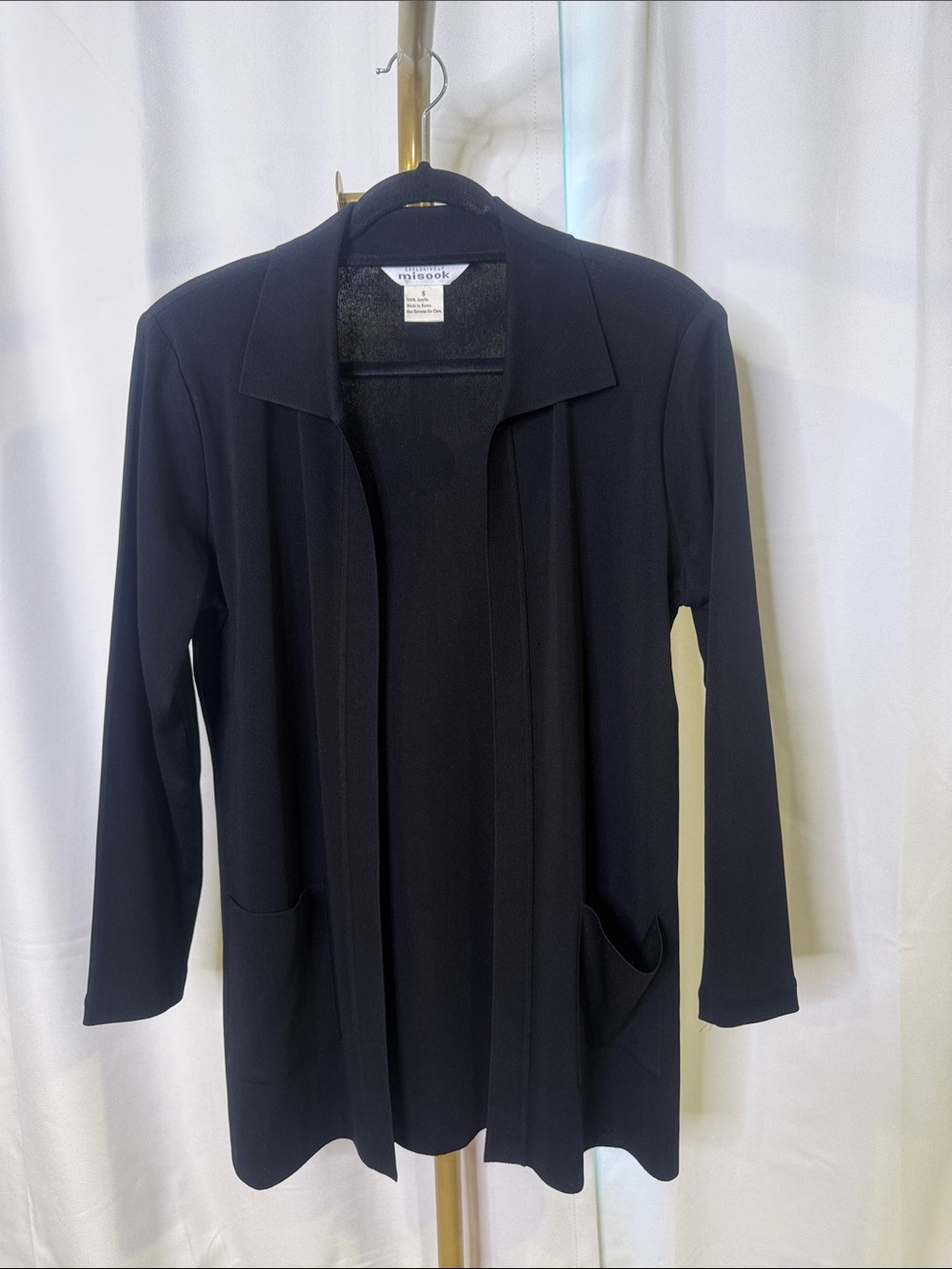 Misook Black Open-Front Blazer Jacket Shoulder Pads Longline Sheer Lightweight S